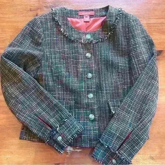 Sundance Brown Orange Rust Tweed Buttoned Jacket Collarless Fringe 8 Wool blend - Picture 10 of 10